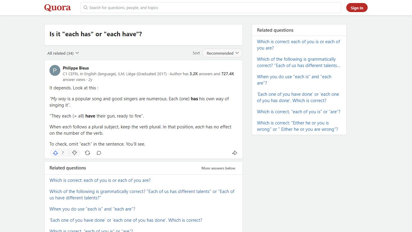 Is it "each has" or "each have"? - Quora